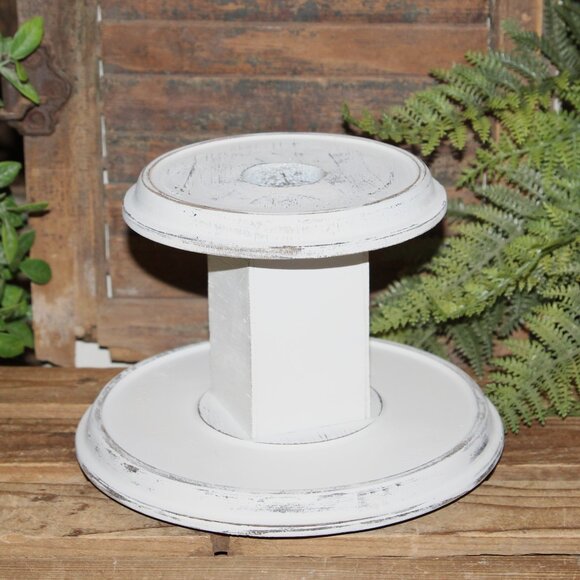 Distressed White Reclaimed VTG Tiered Farmhouse Spinning Pedestal Stand Riser - Picture 1 of 5